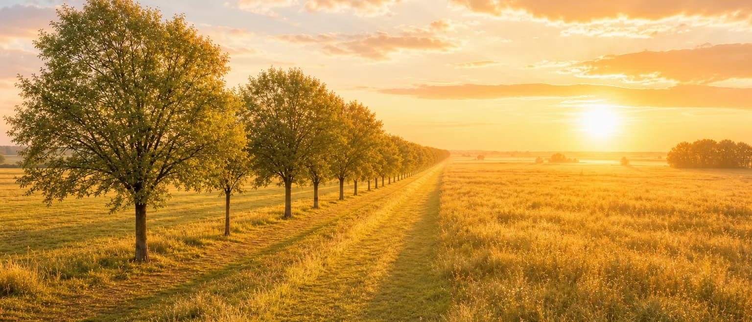 Weite brandenburgische Landschaft bei Linum: Baumallee und Wiesen in der goldenen Abendsonne