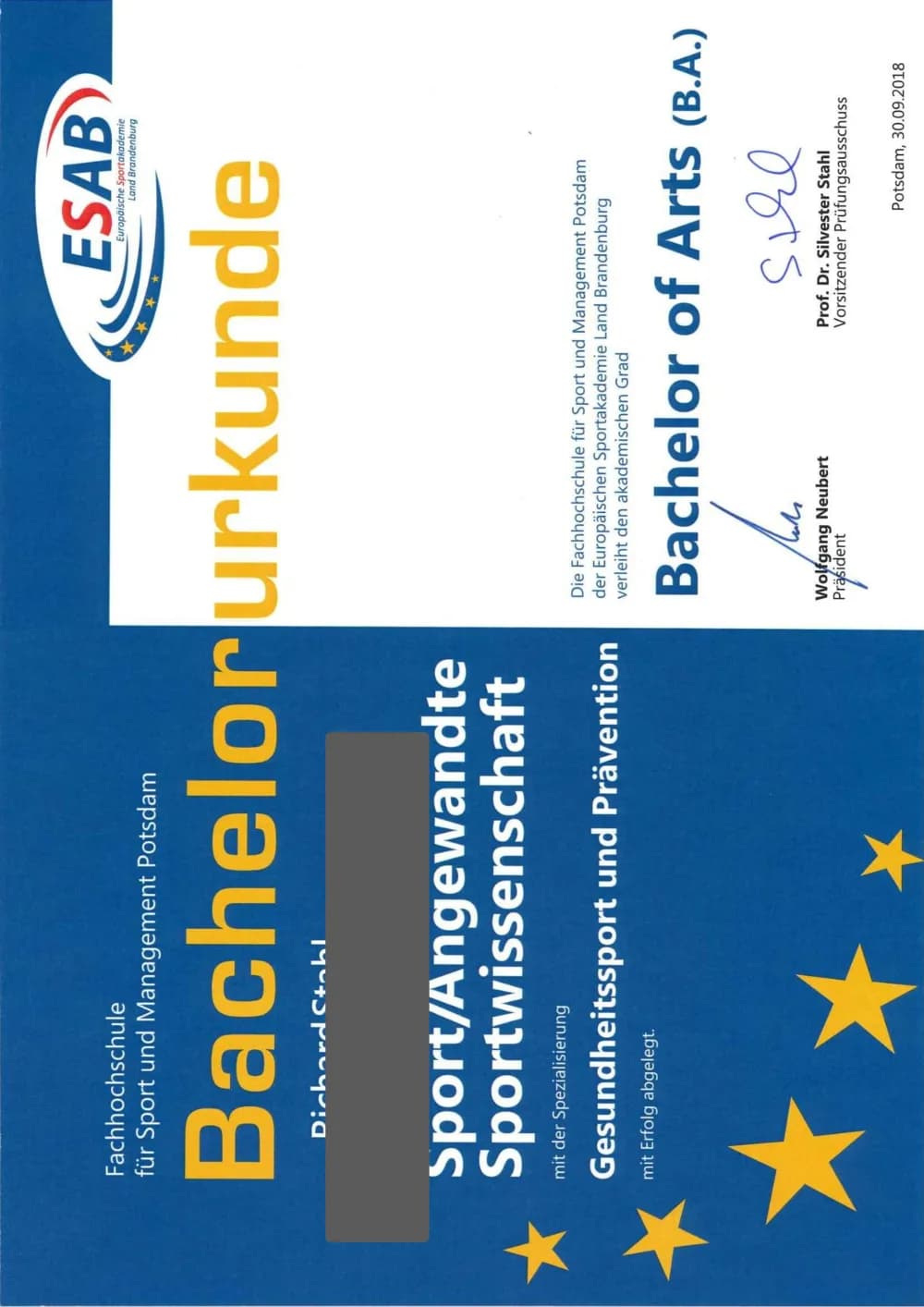 Zertifikat: Bachelor of Arts Sportwissenschaft, FH für Sport und Management Potsdam / ESAB