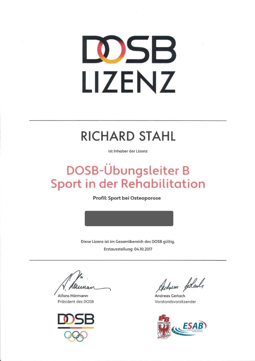 Zertifikat: Rehabilitation: Osteoporose, DOSB · LSB Brandenburg / ESAB