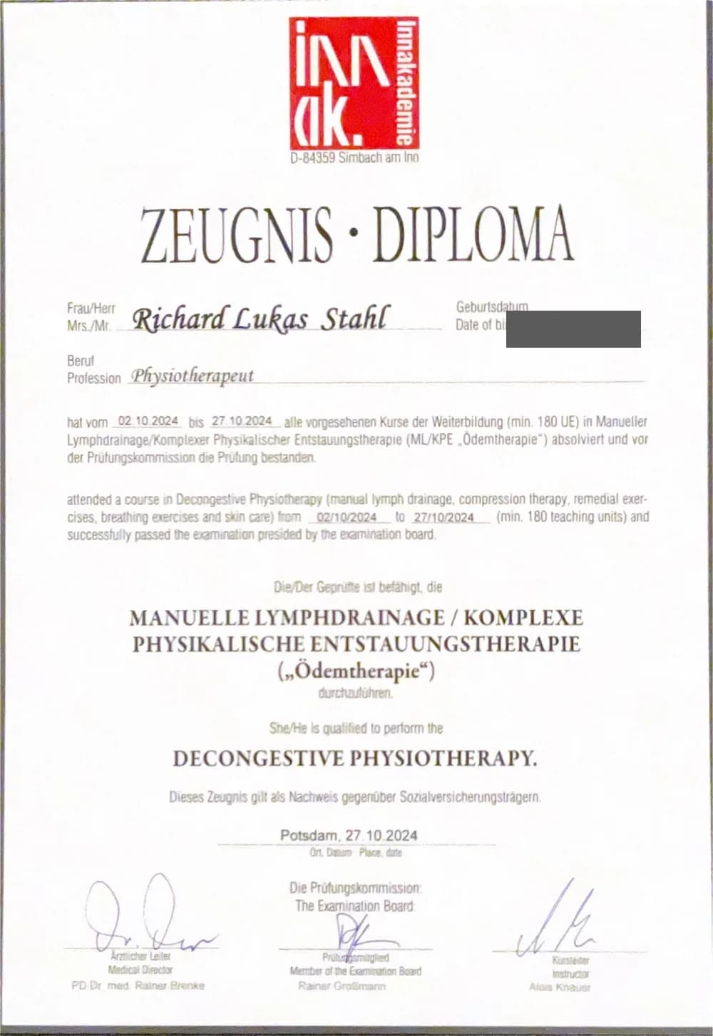 Zertifikat: Manuelle Lymphdrainage (MLD/KPE), INN akademie · Simbach am Inn