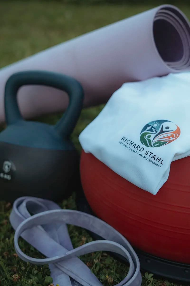 Trainingsequipment mit Behandlungsball und Shirt mit dem Logo von Richard Stahl auf einer Wiese